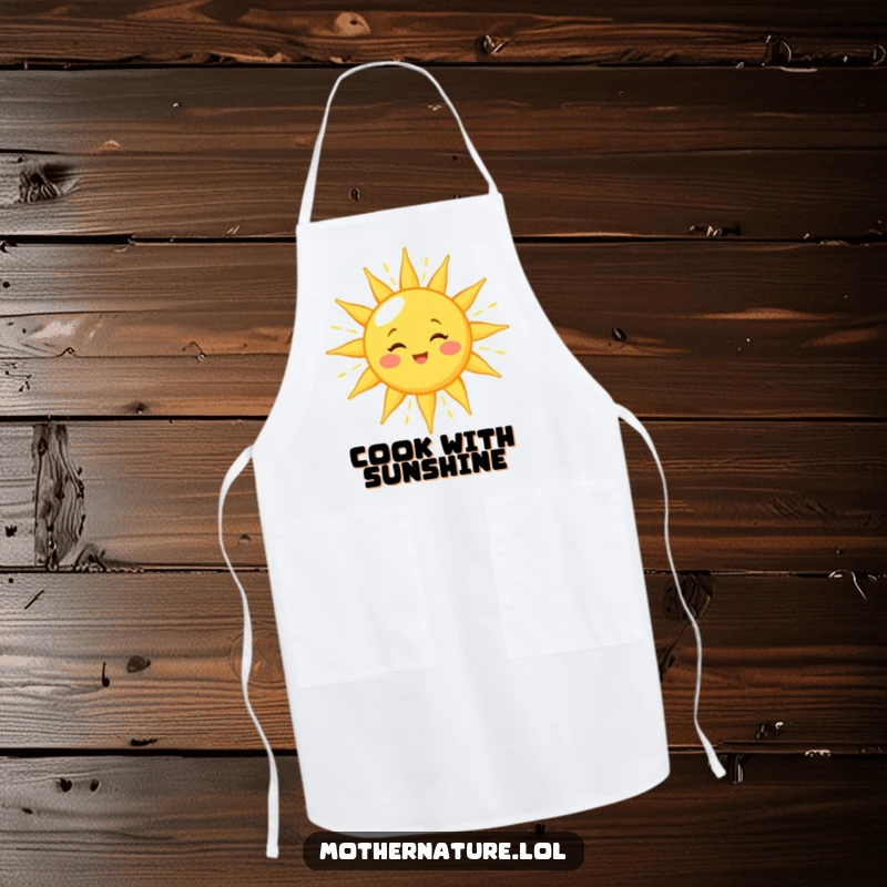 Funny sun apron featuring a winking character showering golden light, a cheerful and functional accessory for sunny kitchen activities.