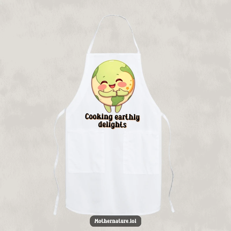 Funny Apron showing a happy Earth character hugging a grinning Moon, great for keeping clothes clean with cosmic cheer.