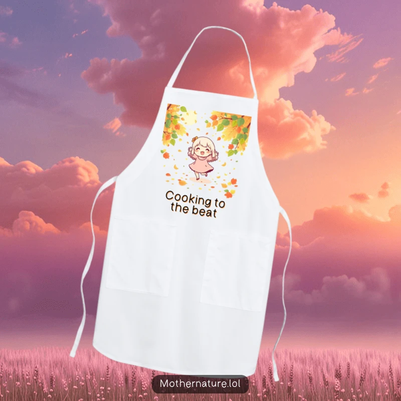 Funny kitchen apron with a character joyfully dancing amidst falling leaves and sunshine.