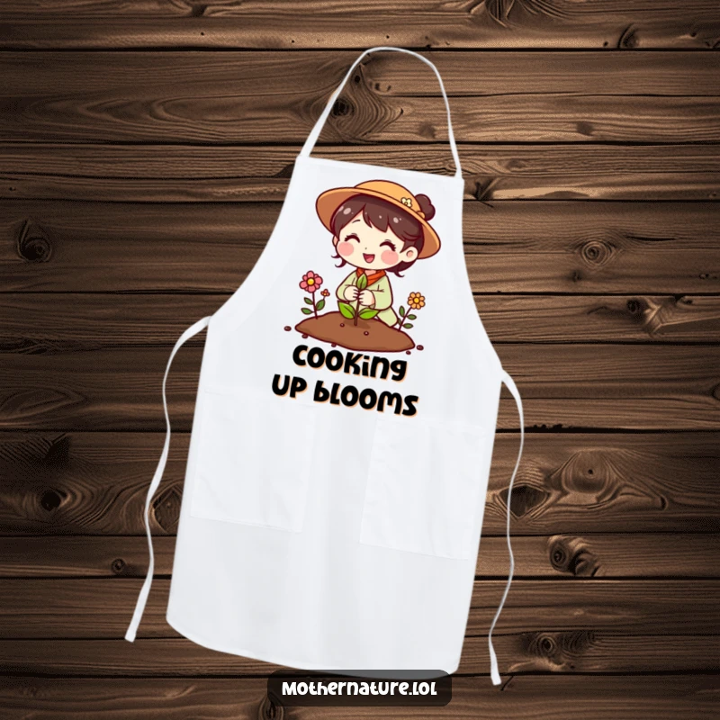 Funny Mother Nature apron showing a cheerful character planting a seed that instantly sprouts into vibrant flowers.