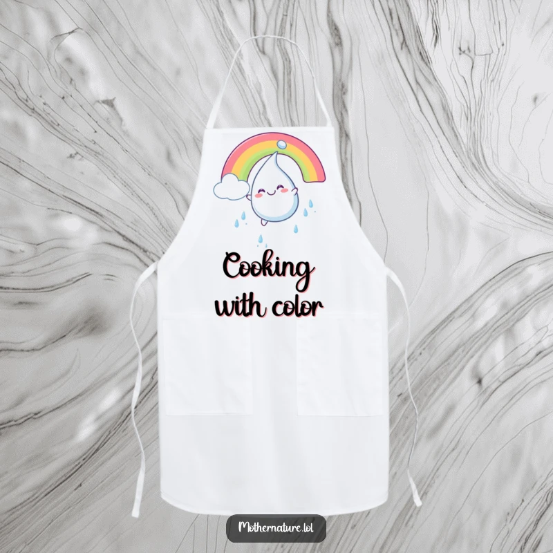 Funny apron illustrating a plump, smiling raindrop character gleefully sliding down a vibrant, multi-colored rainbow.
