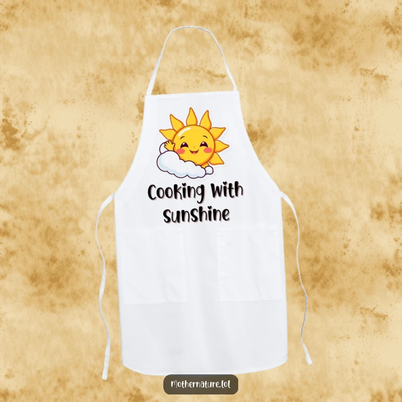 Funny smiling sun character waving enthusiastically from behind a giggling cloud, designed on a practical and fun apron.