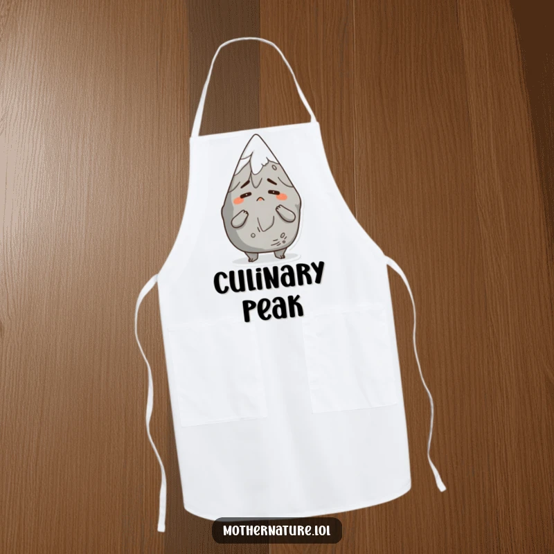 Funny apron showcasing an anthropomorphic mountain character shrugging comically with a bemused expression, perfect for a humorous kitchen.