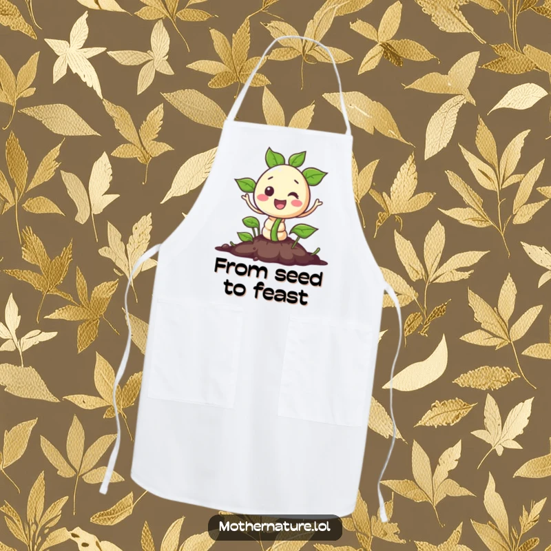 Funny apron depicting a cheerful seed character bursting out of the ground. Practical and humorous for kitchen and garden.