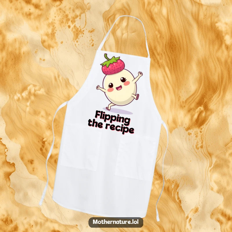 Funny apron showcasing a determined plump berry mid-cartwheel, perfect for kitchen antics and adding humor to cooking duties.