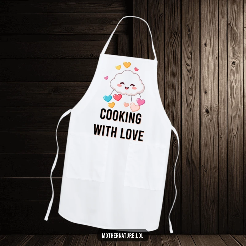 Funny apron illustrating a tiny, cute cloud character giggling gleefully while raining a cheerful downpour of colorful, bouncing heart-shaped raindrops.