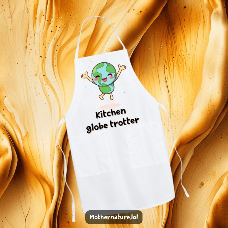 Funny Earth apron with a happy character doing a joyful dance, spinning with green continents, perfect for cheerful kitchen protection.
