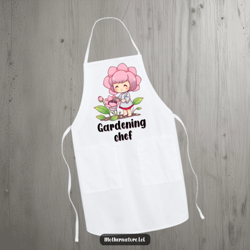 Funny apron with a cute character happily watering a blooming oversized flower, humorous kitchen wear for gardeners.