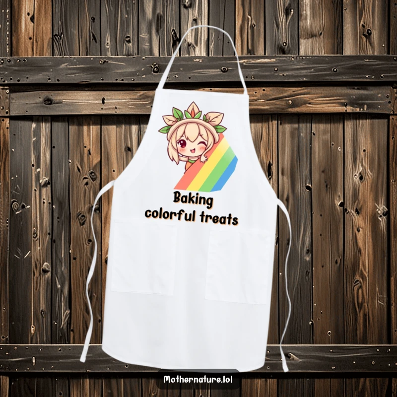 Funny Mother Nature apron with a mischievous character peeking from behind a rainbow, designed for playful kitchen activities.