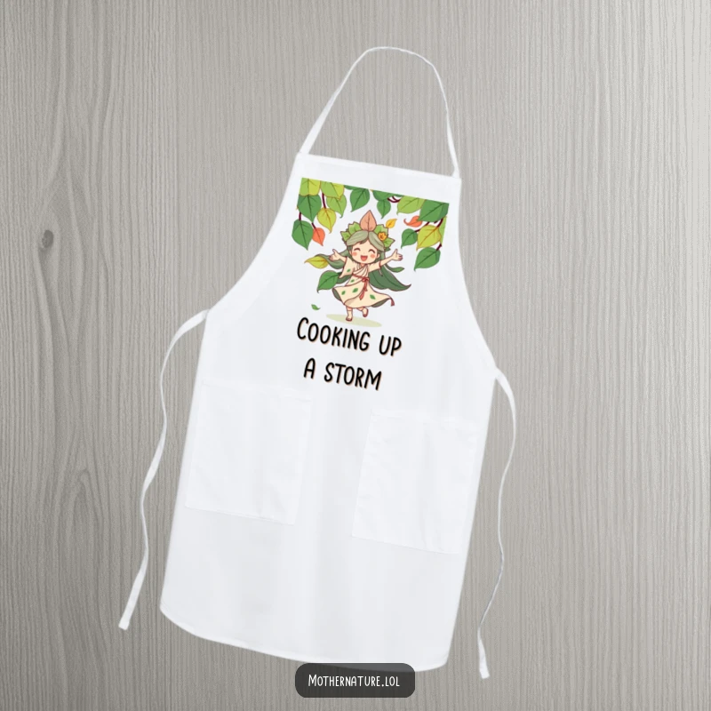 Funny Mother Nature apron depicting a joyful goddess dancing with swirling leaves, designed for kitchen fun and protection during cooking or gardening.