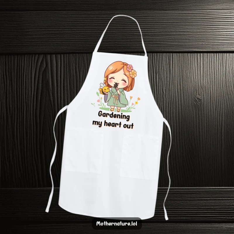 Funny apron showing Mother Nature holding a tiny, buzzing bee, ideal for gardeners and cooks who appreciate nature.
