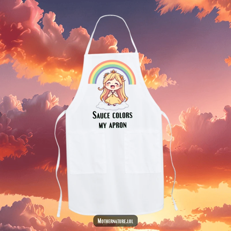 Funny Mother Nature apron showing a laughing character encircled by a beautiful rainbow, perfect for a cheerful kitchen.