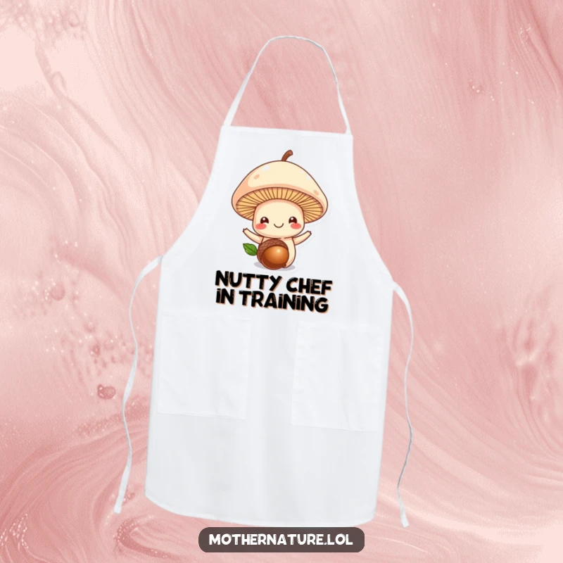 Funny mushroom apron, smiling mushroom balancing an acorn, humorous kitchen wear, delightful cooking gift.