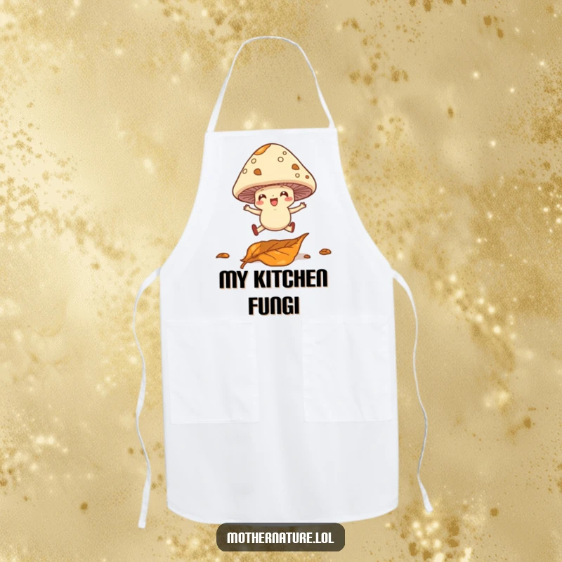 Funny apron featuring a cheerful mushroom with legs leaping over a fallen leaf, ideal for a fun-loving chef.