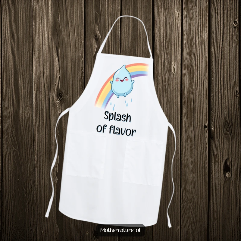 Funny rainbow raindrop apron featuring a smiling character gleefully sliding down a colorful arc, perfect for cheerful kitchen activities.