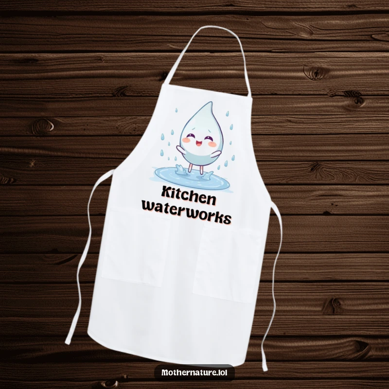 Funny apron depicting a playful raindrop character splashing into a puddle. Practical and humorous for kitchen use.