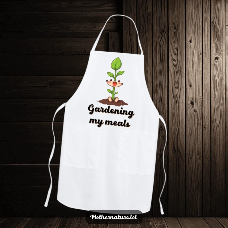 Funny seedling character reaching upwards on a practical apron, ideal for cultivating creativity.