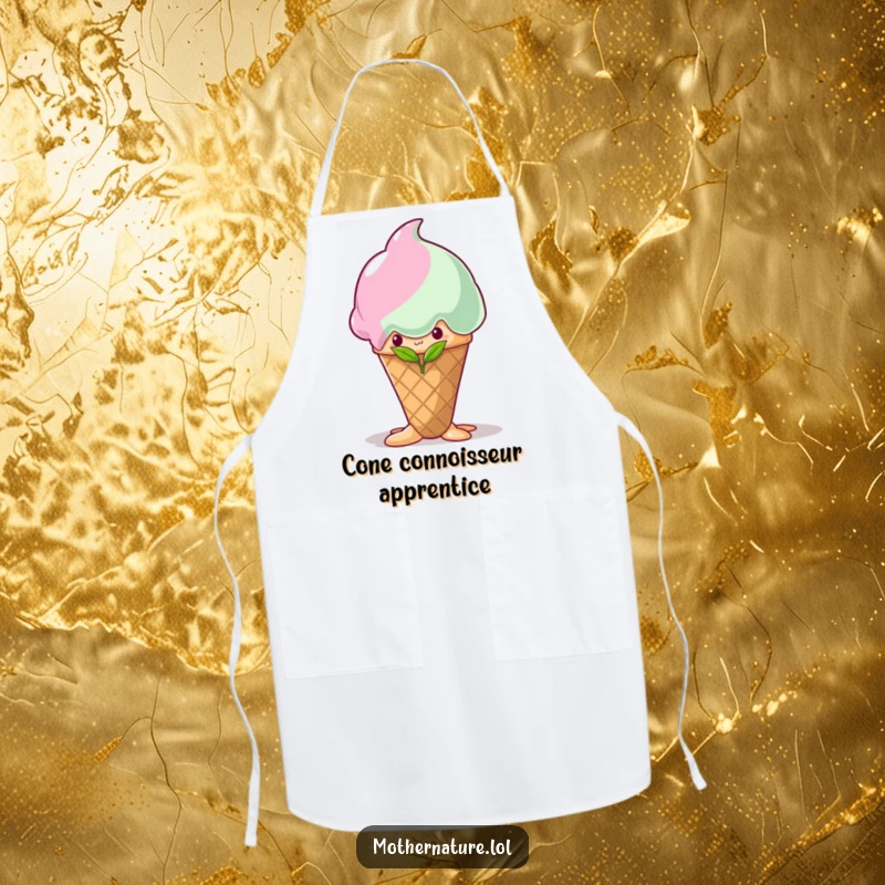 Funny shy sprout apron, hiding behind a melting ice cream cone, humorous kitchen wear, sweet baking gift.