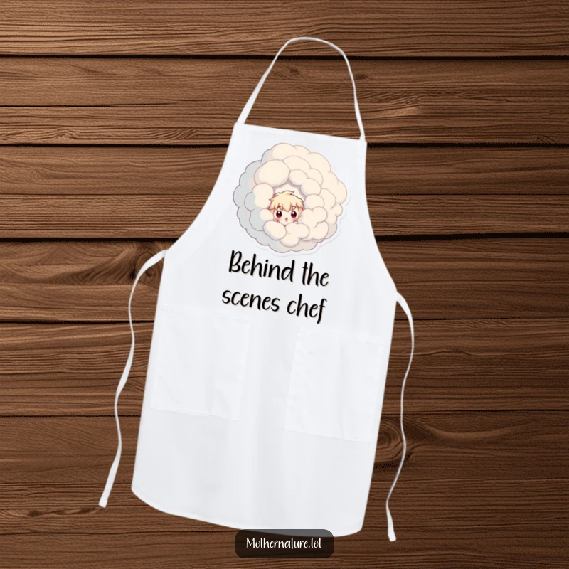 Funny kitchen apron with a surprised character peeking from a large, swirling cloud, perfect for cooking.