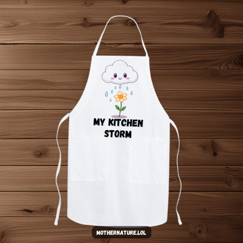Funny apron featuring a surprised cloud shedding iridescent raindrops onto a tiny, happy flower, ideal for a kind chef.