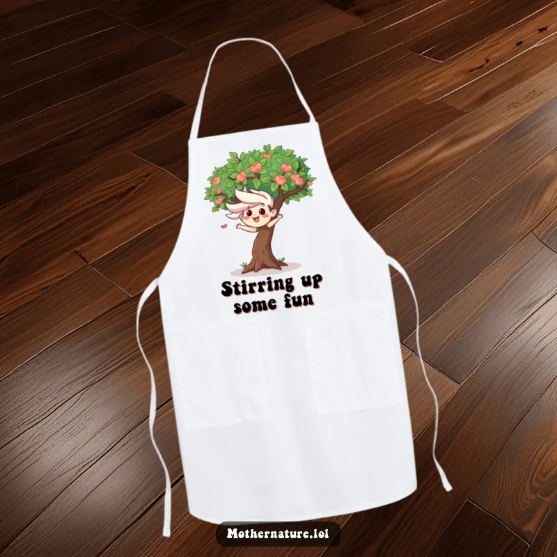Mischievous wind gust character ruffling leaves of a happy tree on a durable apron, ready for humorous culinary adventures.