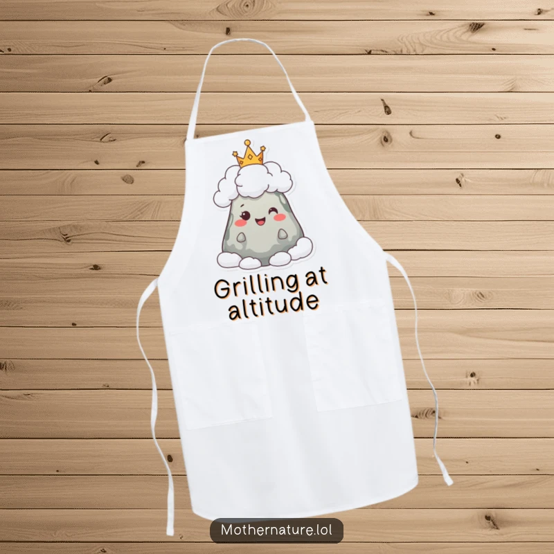 Funny apron with a happy mountain character wearing a crown of fluffy clouds, ready to bring majestic fun to meal prep.
