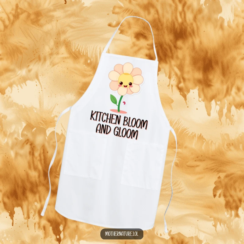 Funny flower character apron, giggling and twirling with tiny dancing legs, a humorous and practical kitchen accessory.