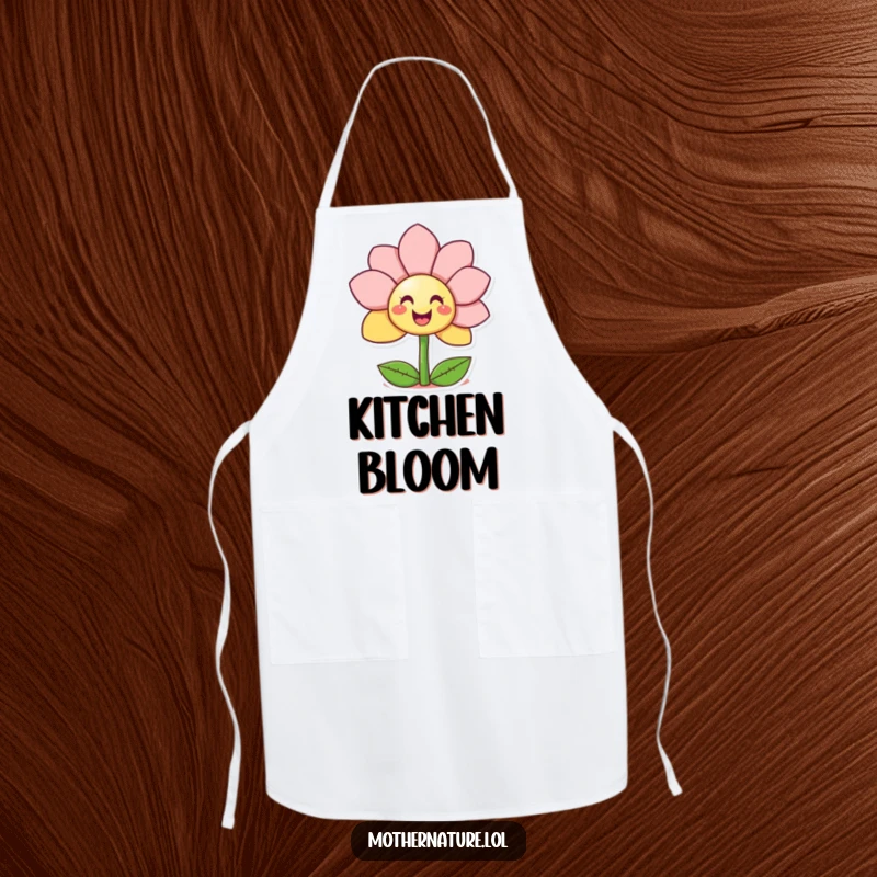 Funny Giggling Flower Apron showing a happy character revealing a surprise smiley face from blooming petals, perfect for kitchen fun.