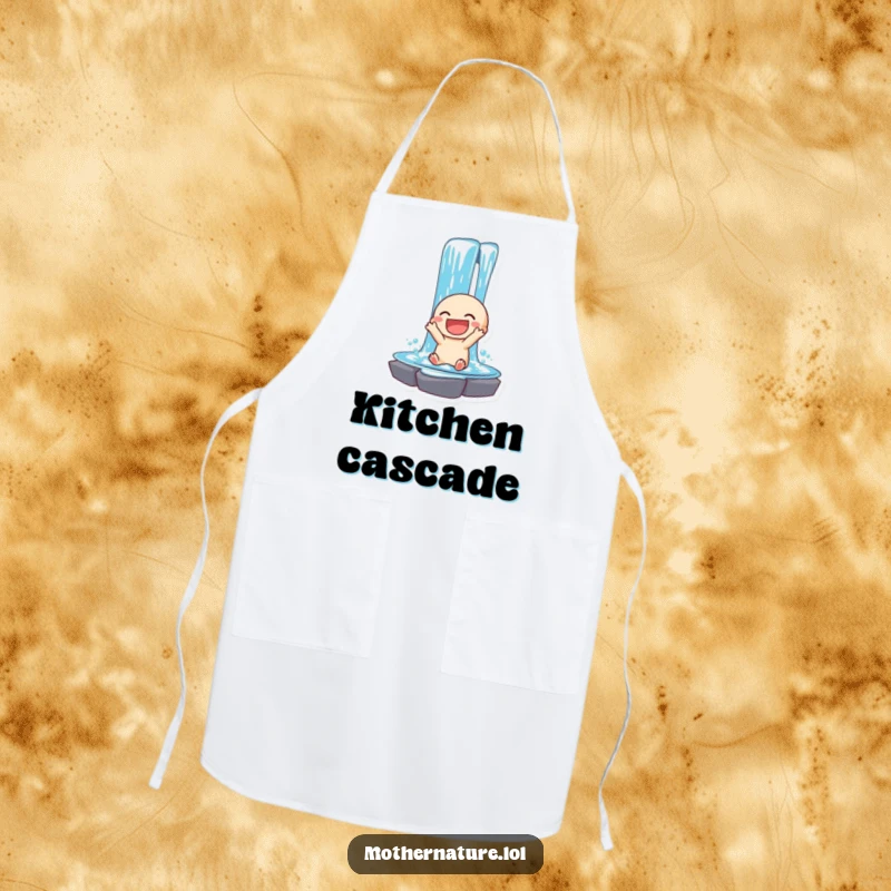 Funny apron with a laughing waterfall character cascading energetically. Durable and humorous.