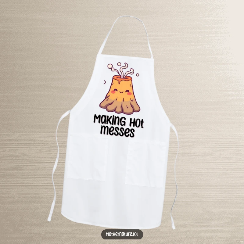 Funny volcano character gently puffing smoke rings on a practical apron, ideal for a calm cook.