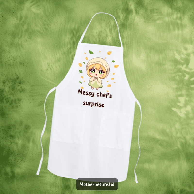 Funny Mother Nature apron, surprised character, wind blowing leaves, humorous kitchen wear, great funny gift.