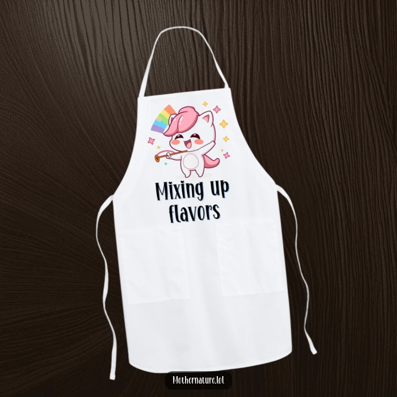 Funny kitchen apron featuring a mischievous character giggling while orchestrating a rainbow.
