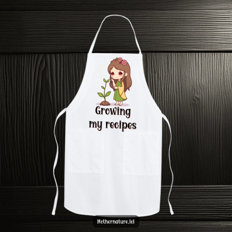 Mother Nature Apron: Character whispering to a small sprout, symbolizing growth in the kitchen. A practical and inspiring gift.