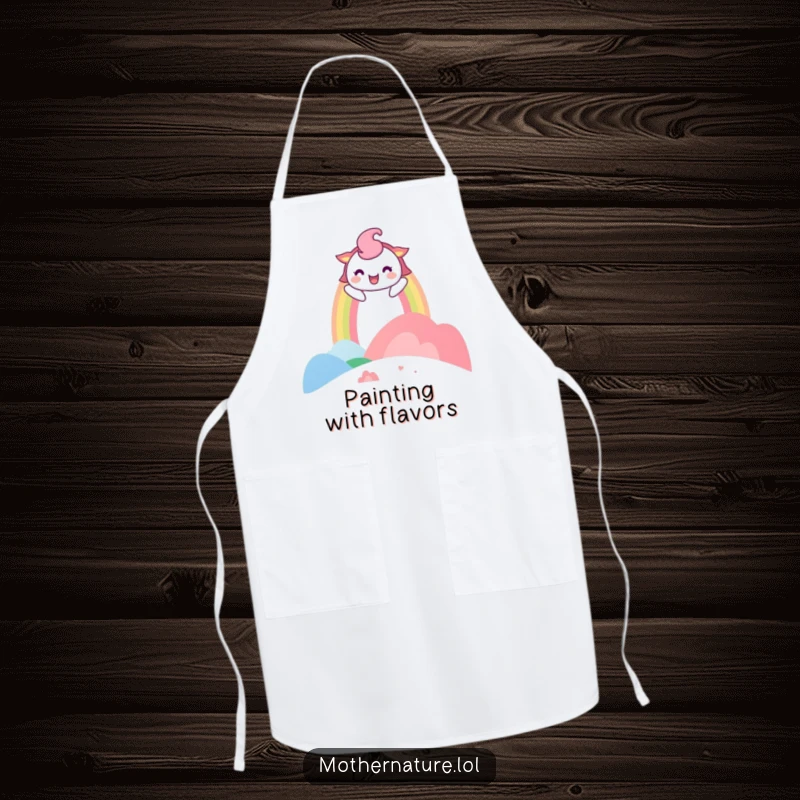 Funny Apron showing a playful rainbow character arching over a laughing landscape, great for keeping clothes clean with cheer.