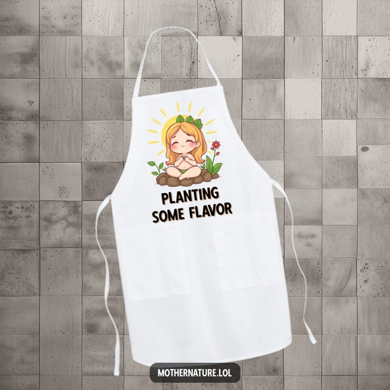 Funny apron with Mother Nature sunbathing peacefully surrounded by plants, perfect for kitchen or garden tasks with a relaxed vibe.