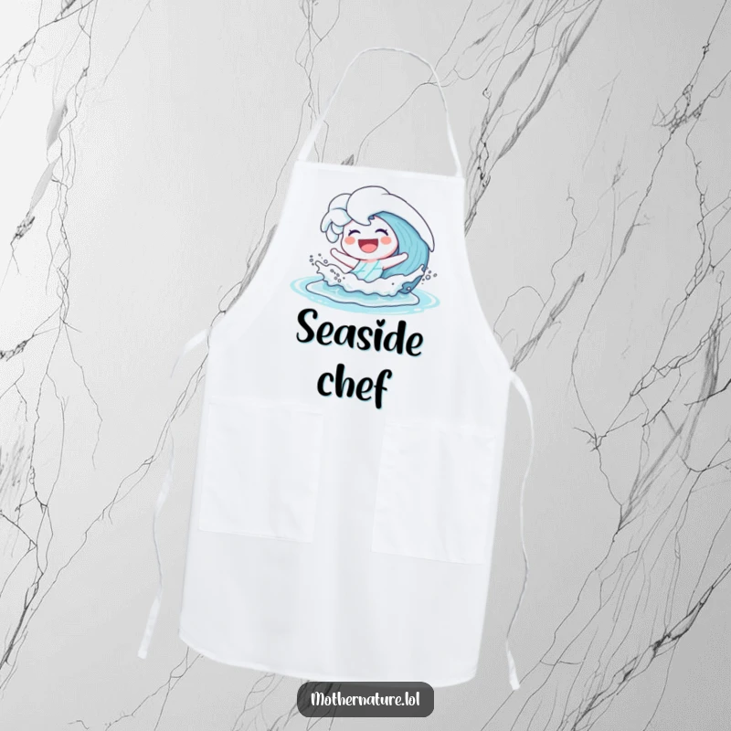 Funny Apron showing a cheerful wave character laughing and splashing playfully onto a shore, perfect for a beach-themed kitchen.