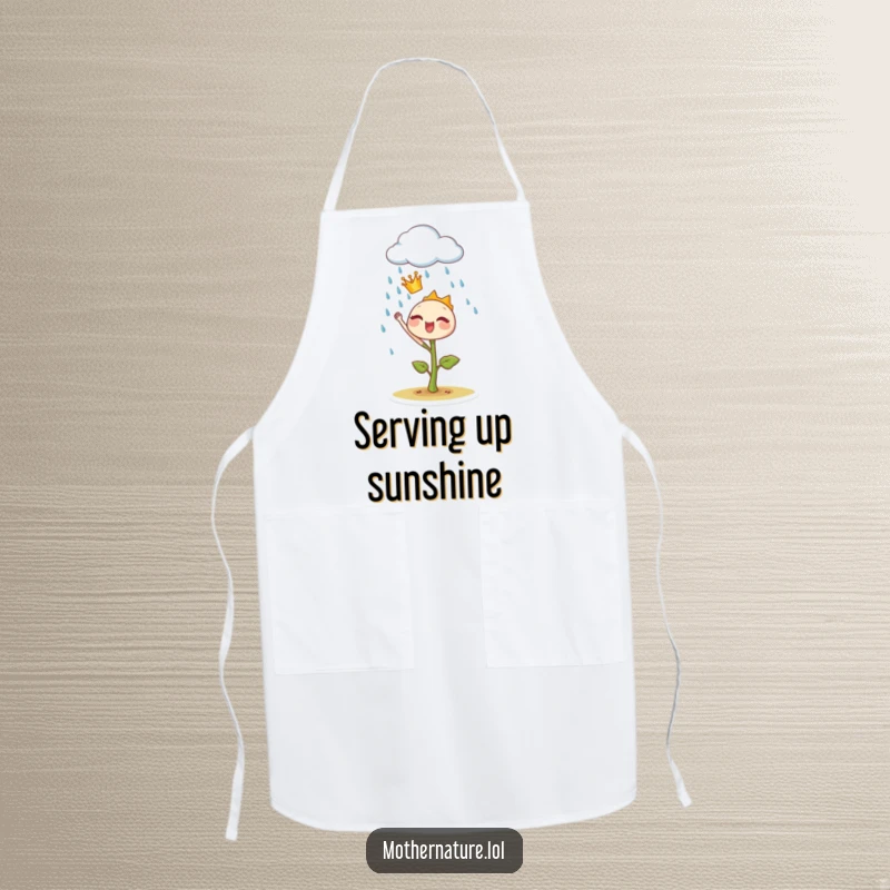 Funny sprout crown apron, showing a tiny plant ruler joyfully commanding a rain cloud, perfect for gardening with royal flair.