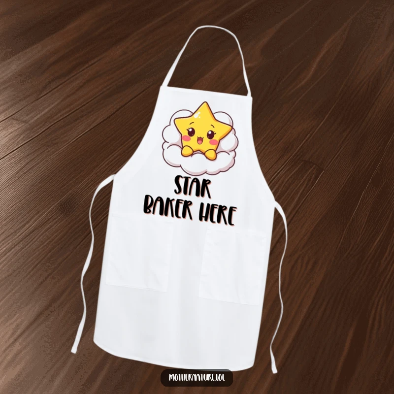Funny Surprised Star Apron showing a little character peeking from behind a smiling cloud, ideal for kitchen fun and protection.