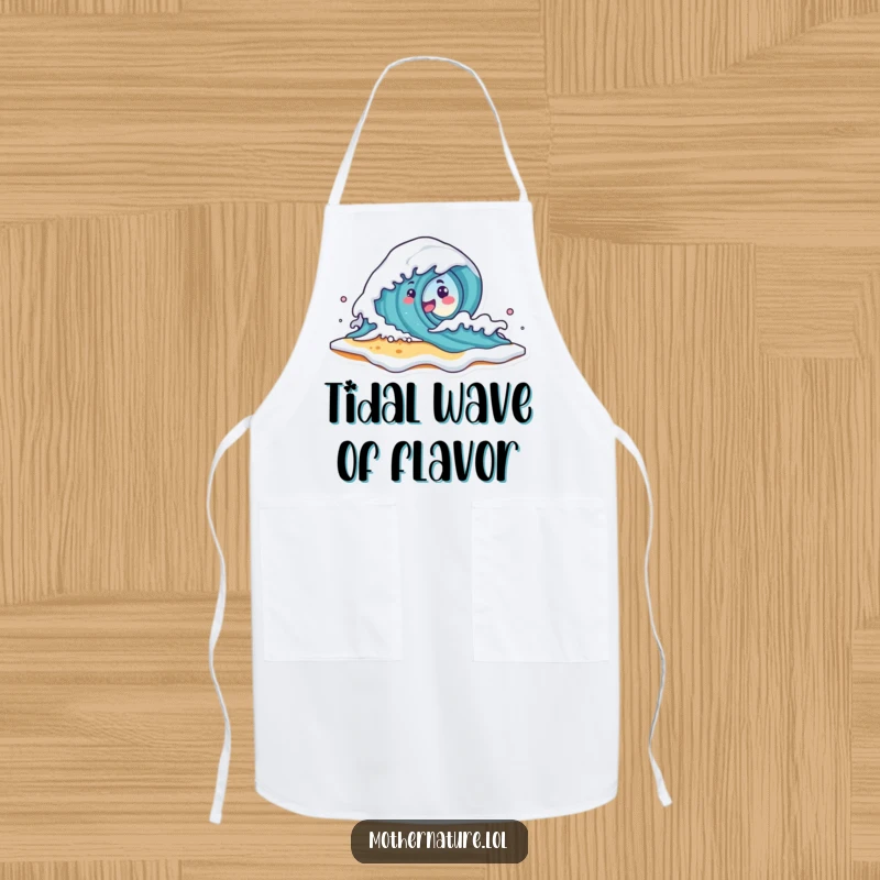 Funny Wave Character Apron showing a cute wave character crashing onto a smiling beach shore with foam, ideal for kitchen fun.