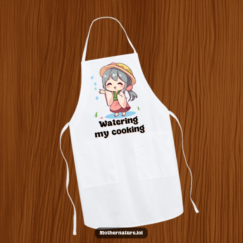 Funny apron design of Mother Nature playfully tossing a sparkling raindrop, symbolizing gentle weather and kitchen joy.