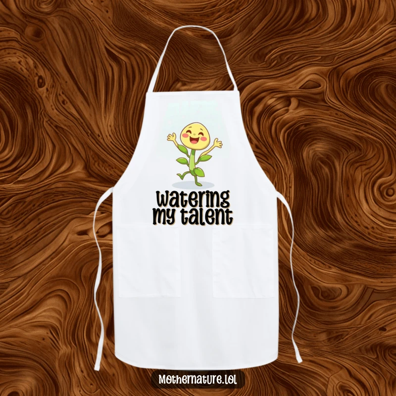 Funny apron with a cheerful plant character dancing joyfully in a light rain shower, ready to create culinary delights.