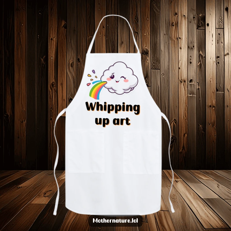 Funny cloud character apron, spraying a rainbow with a mischievous wink, a humorous and colorful kitchen accessory.