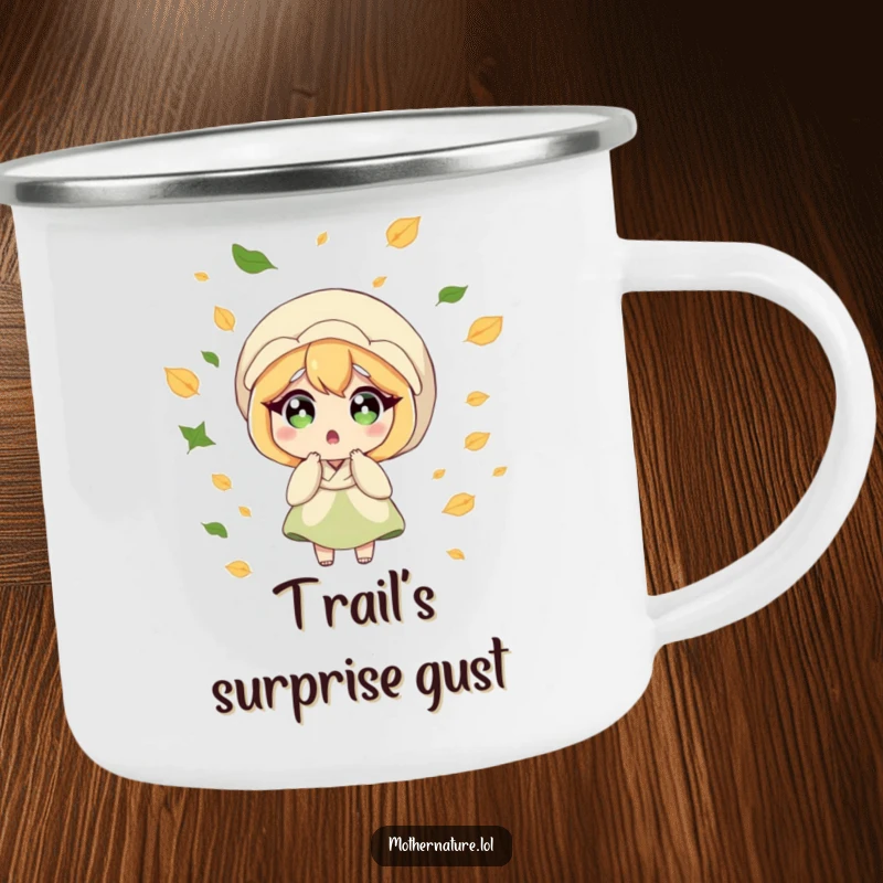 Funny Mother Nature camping mug, surprised character, leaves blowing, durable outdoor wear, perfect funny gift for adventurers.