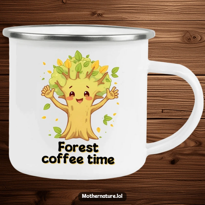 Funny Happy Tree Camp Mug featuring a happy tree waving branches amidst fluttering leaves, perfect for outdoor adventures.