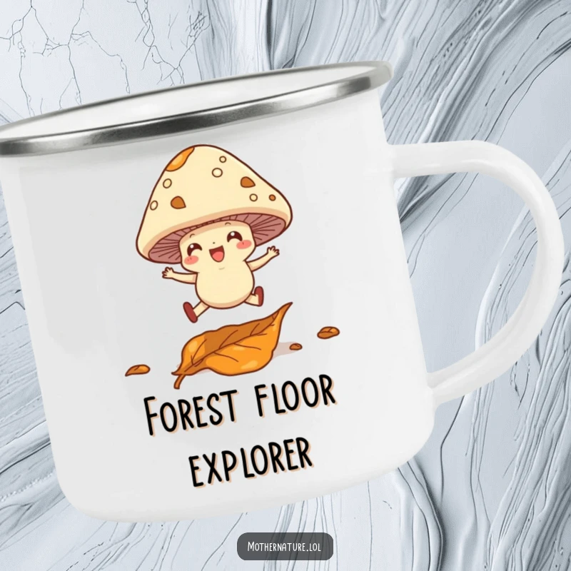 Funny camping mug showing a cheerful mushroom with legs leaping over a fallen leaf, designed for outdoor fun.