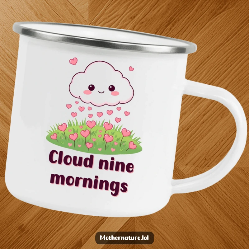 Funny camping mug with a cloud character raining tiny hearts onto a meadow, great for outdoor trips.