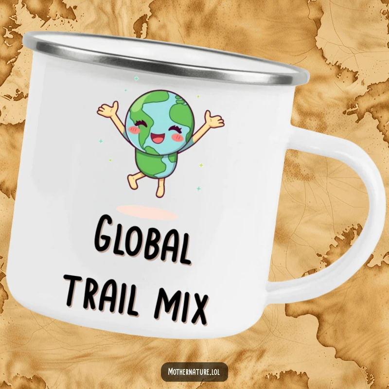 Funny Earth camping mug with a happy character doing a joyful dance, spinning with green continents, perfect for cheerful outdoor drinks.