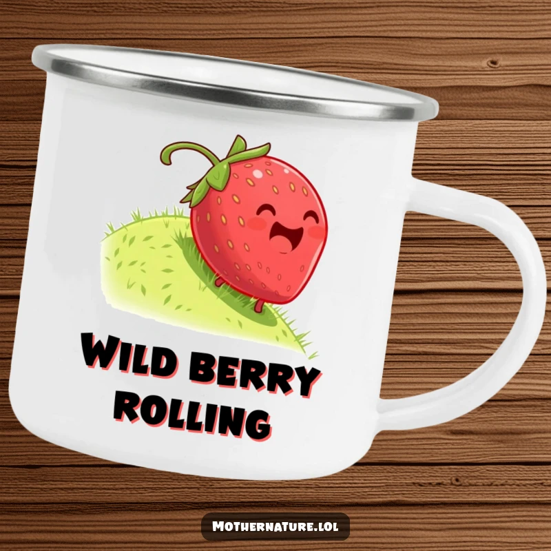 Funny camping mug with a plump, dizzy strawberry rolling down a grassy hill, designed for outdoor fun and smiles.