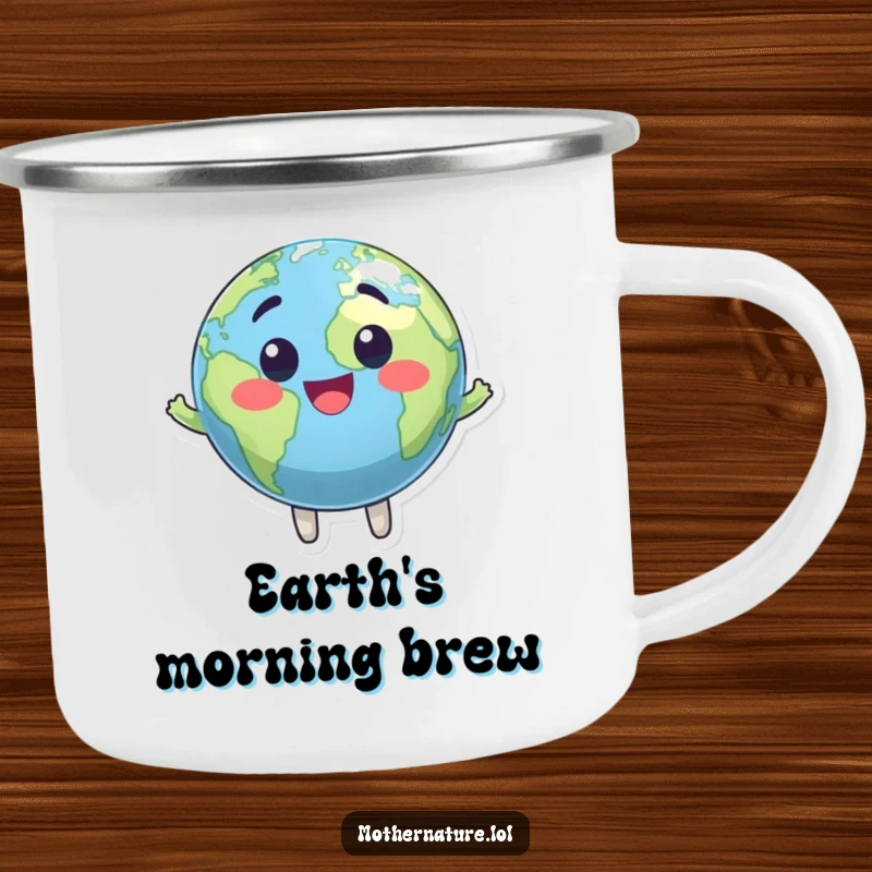 Funny camping mug with a smiling, bouncing Earth globe character, perfect for travel.