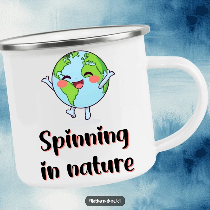 Funny camping mug showing a happy Earth character doing a joyful, spinning dance with its green continents visible.